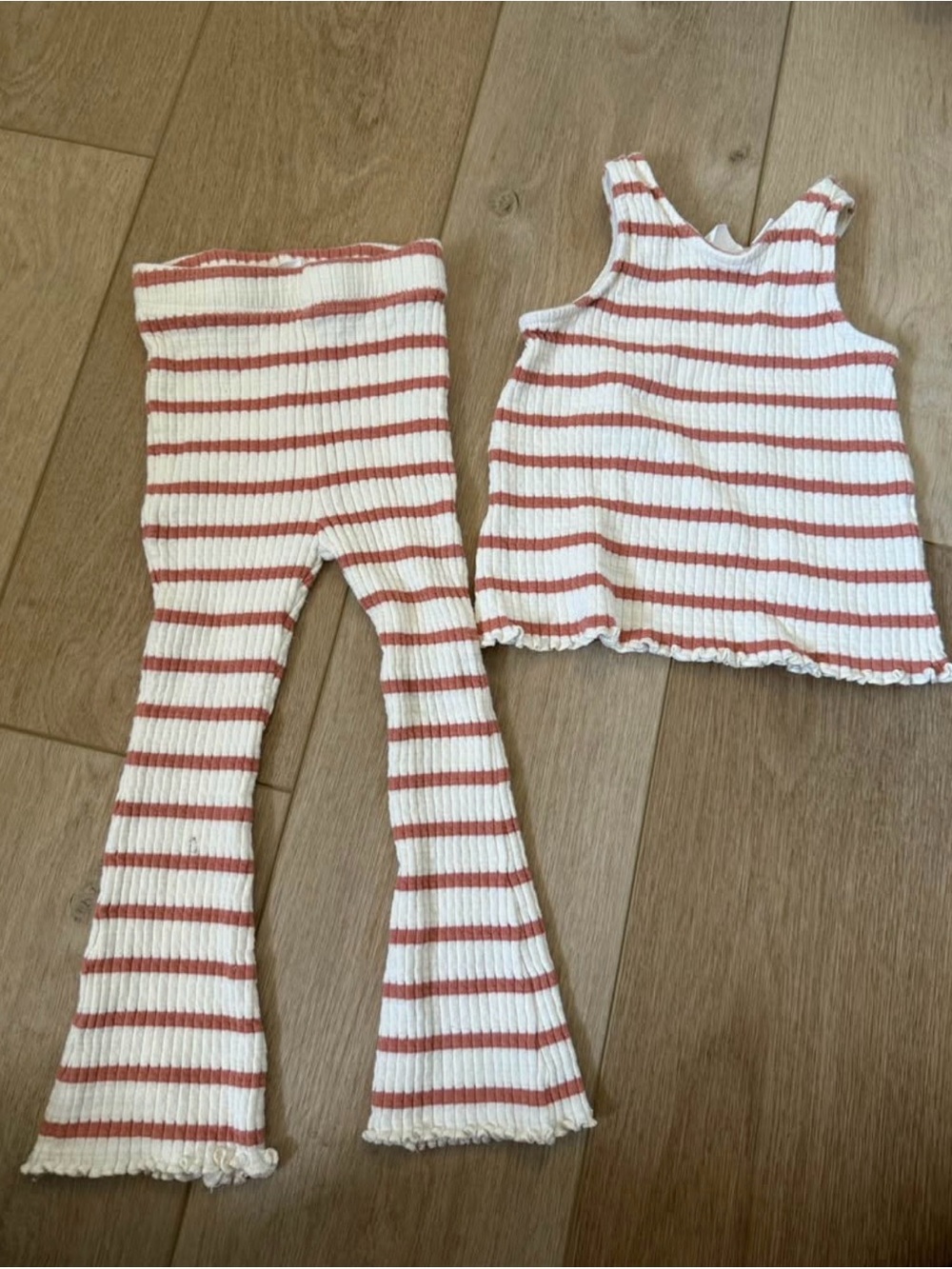 Zara White and Rust-Striped Ribbed Tank + Flared Pants Set